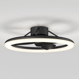 A modern ceiling fan with a circular LED light, matte black finish, and three small blades, mounted on a white ceiling.