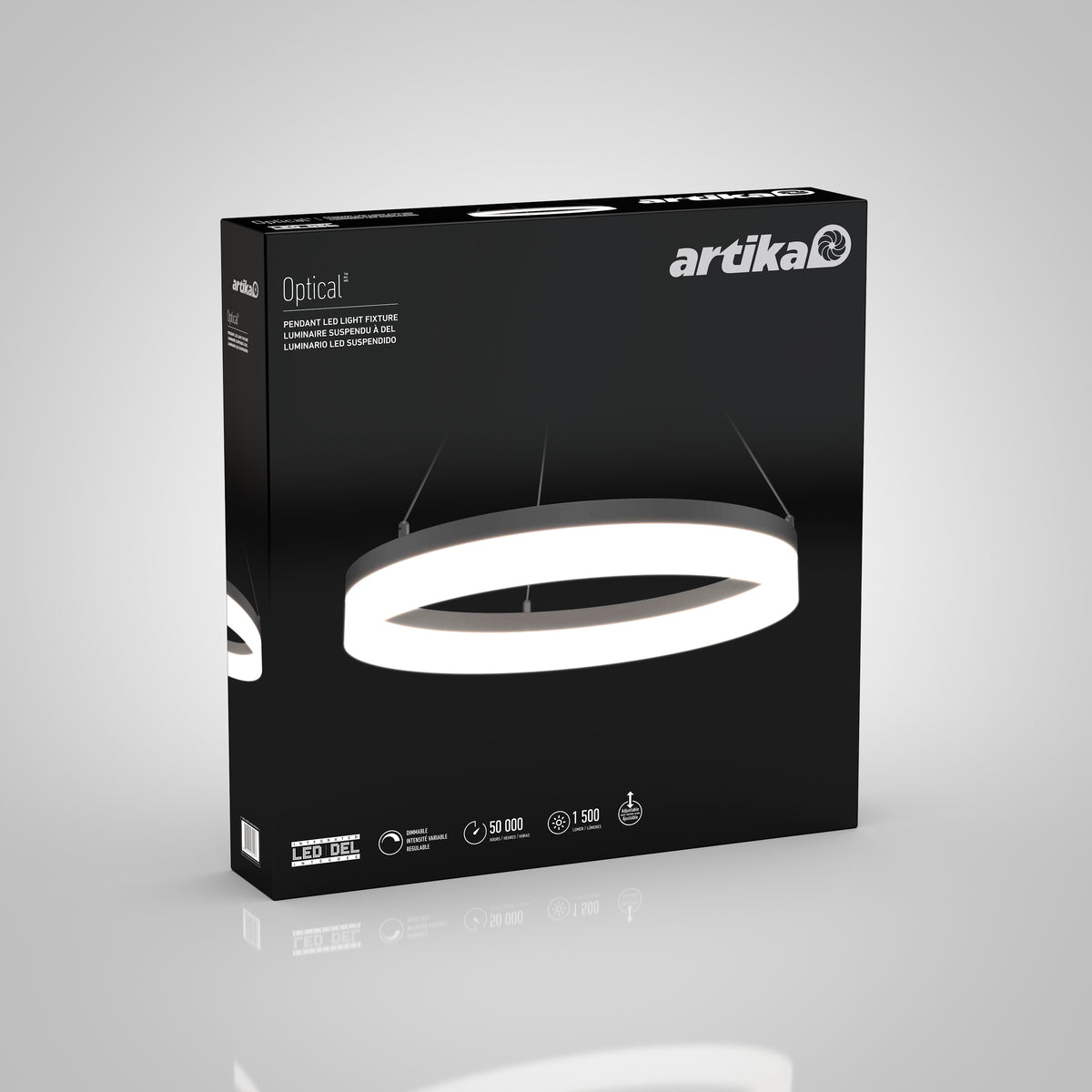 A black box displays the Artika Optical pendant LED light fixture. The box shows a modern, circular light suspended by wires, with key features like LED, 50,000-hour lifespan, 1,500 lumens, and dimmable options.