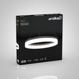 A black box displays the Artika Optical pendant LED light fixture. The box shows a modern, circular light suspended by wires, with key features like LED, 50,000-hour lifespan, 1,500 lumens, and dimmable options.