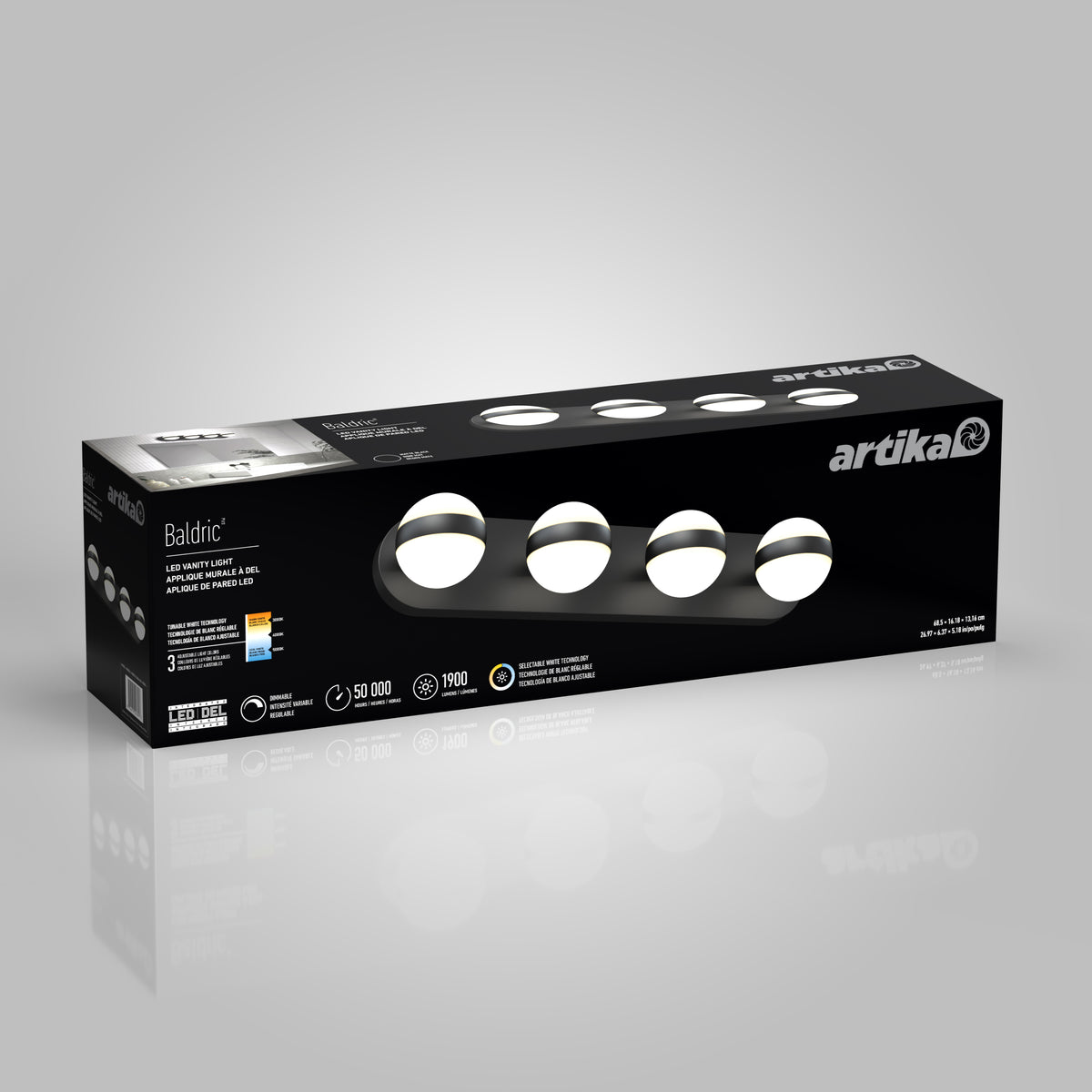 A black rectangular box with the brand name Artika and Baldric on it, displaying a four-bulb vanity light bar for bathrooms. The packaging highlights product features and specifications on a gray background.
