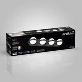 A black rectangular box with the brand name Artika and Baldric on it, displaying a four-bulb vanity light bar for bathrooms. The packaging highlights product features and specifications on a gray background.