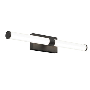 The Artika Vitoro modern LED bathroom vanity light features a horizontal cylindrical tube on a rectangular black base, offering minimalistic style ideal for contemporary spaces and modern home lighting.