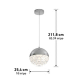 A spherical pendant light with a textured lower half and smooth upper half hangs from a ceiling mount; dimensions are 25.4 cm (10 in) wide and 211.8 cm (83.39 in) tall.