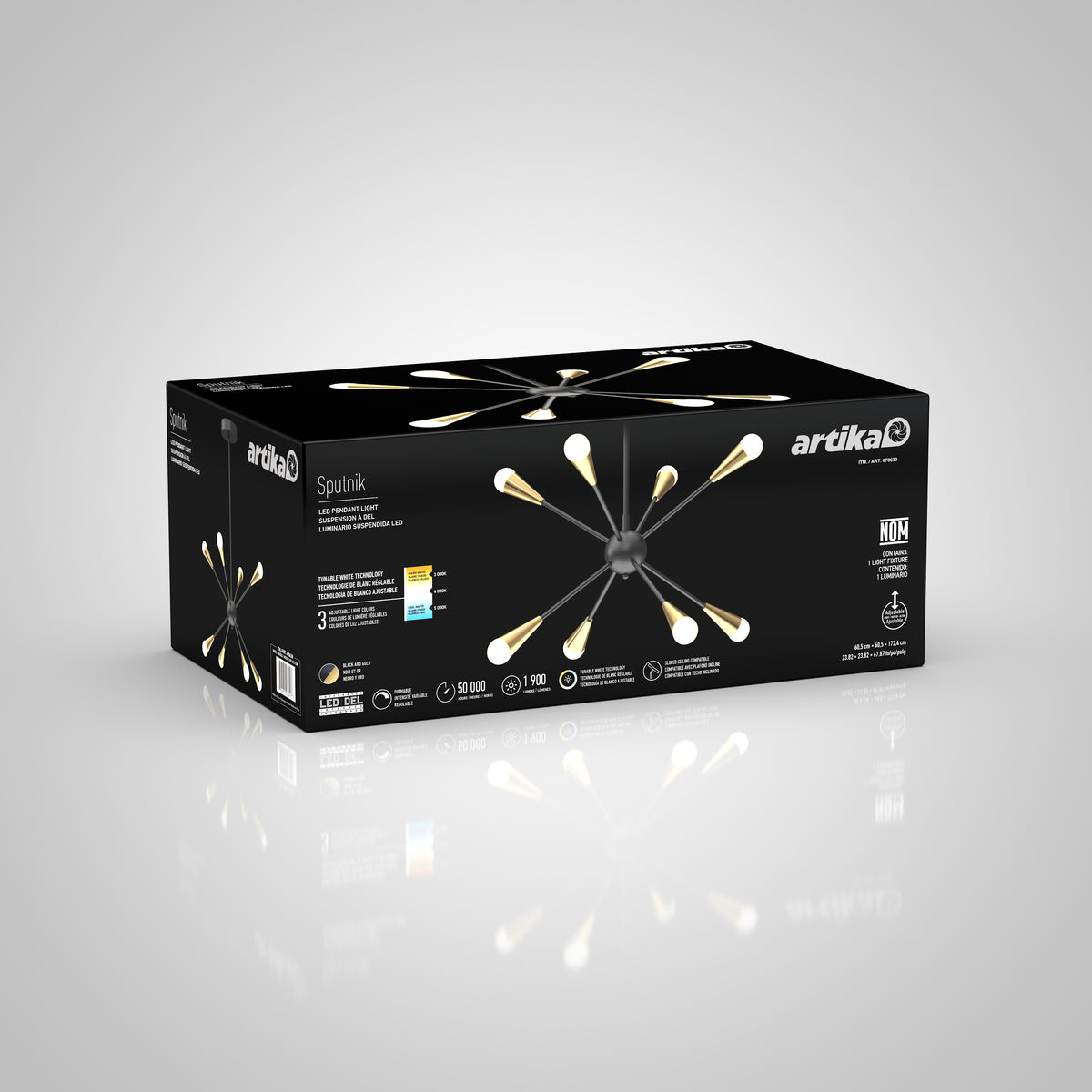 A black box with artika branding displays a modern Sputnik-style chandelier with multiple arms and exposed bulbs. Product features and details are shown on the packaging against a light gray background.