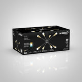 A black box with artika branding displays a modern Sputnik-style chandelier with multiple arms and exposed bulbs. Product features and details are shown on the packaging against a light gray background.