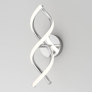 The Artika DNA modern LED wall sconce 3 CCT features integrated LEDs in two intertwined metal and frosted tubes, set on a round chrome base against a light gray background.