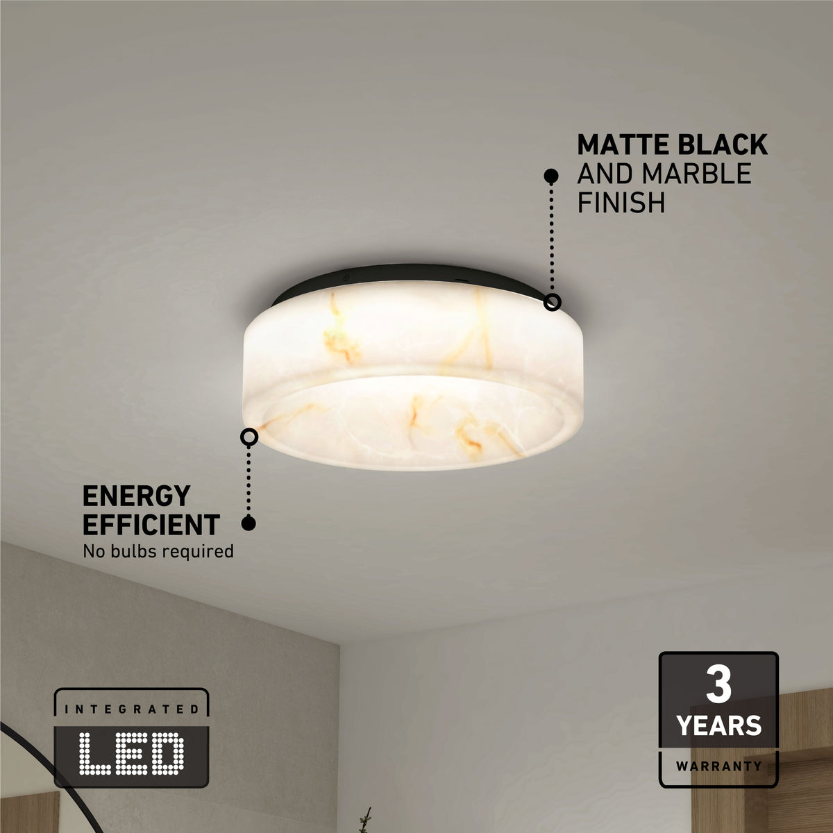 A round ceiling light with a marble-patterned shade and matte black base is mounted on a white ceiling. Text highlights its integrated LED, energy efficiency, marble finish, and a 3-year warranty.