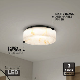 The Artika Clifford 15 in. flush mount light features a matte black and marble finish, mounts flush to the ceiling, offers energy-efficient integrated LED with 5 CCT options, no bulbs needed, and comes with a 3-year warranty.