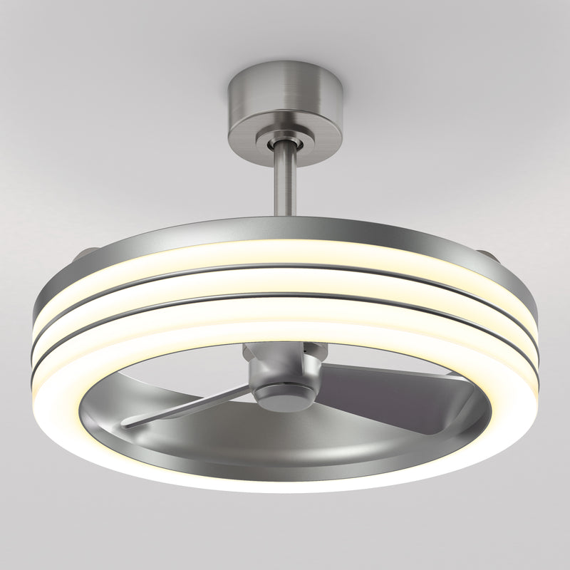 The Artika Horizon 23 in. LED modern ceiling fan features three silver blades, a sleek metallic finish, an integrated circular LED light, and comes with 3 speeds and a remote control.