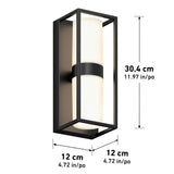 A black rectangular wall sconce with a white cylindrical light, shown with dimensions: 30.4 cm (11.97 in) tall, 12 cm (4.72 in) wide, and 12 cm (4.72 in) deep.