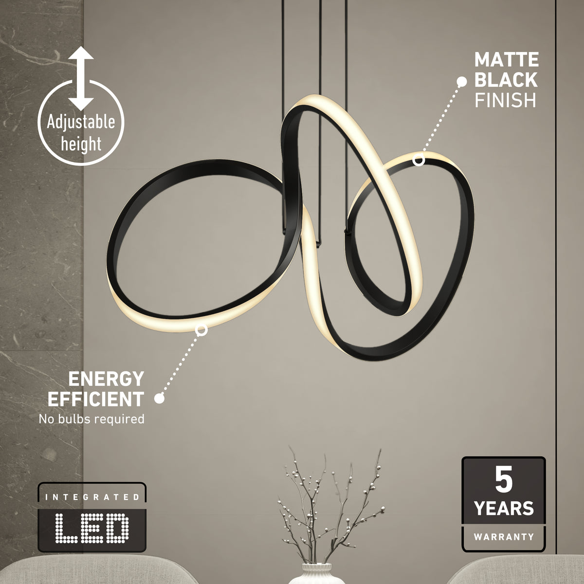 Modern sculptural pendant light with integrated LED, matte black finish, and adjustable height. Text highlights features: energy efficient, no bulbs required, 5-year warranty. Light hangs above a decorated table.