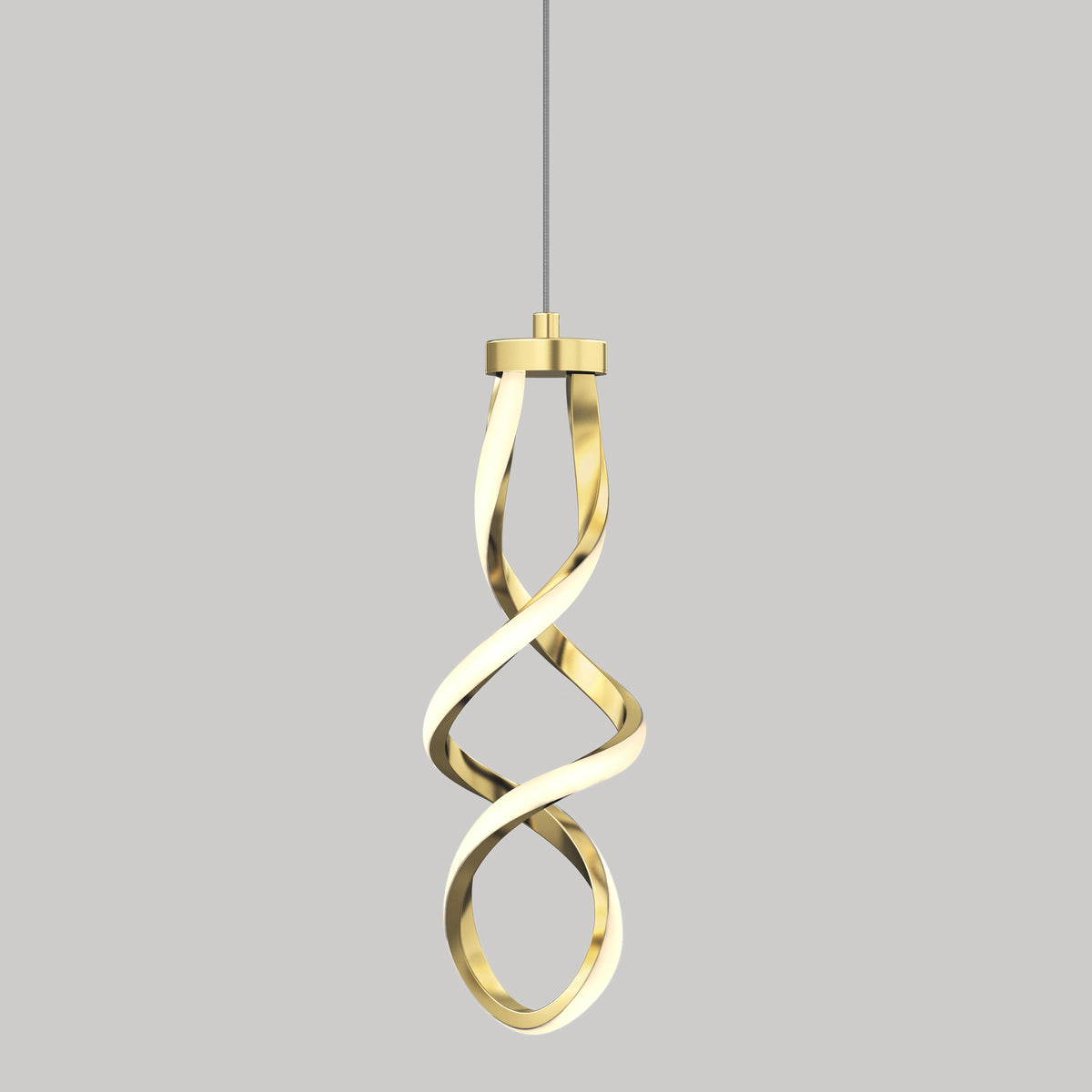 The Artika Mini Swirl LED pendant light features a gold twisted, looped design and hangs elegantly from a thin cable against a plain gray background.