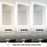 A bathroom vanity mirror displays three lighting modes: warm light at 3000K, neutral light at 4000K, and cool white light at 5000K, highlighting how different color temperatures affect the space.