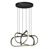 Modern black ceiling pendant light with three intertwined, abstract LED loops suspended by six thin cables from a round black ceiling mount. The loops emit a soft, white glow along their inner edges.