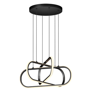 The Lewis modern LED pendant light 3 CCT by Artika features intertwined black metal loops with built-in LEDs, suspended by six thin black cords from a round ceiling mount, shown against a white background.