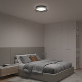 A modern bedroom with a gray upholstered bed, checkered bedding, a wooden nightstand, and built-in white wardrobes. A round ceiling light illuminates the space, which has neutral-colored walls and decor.