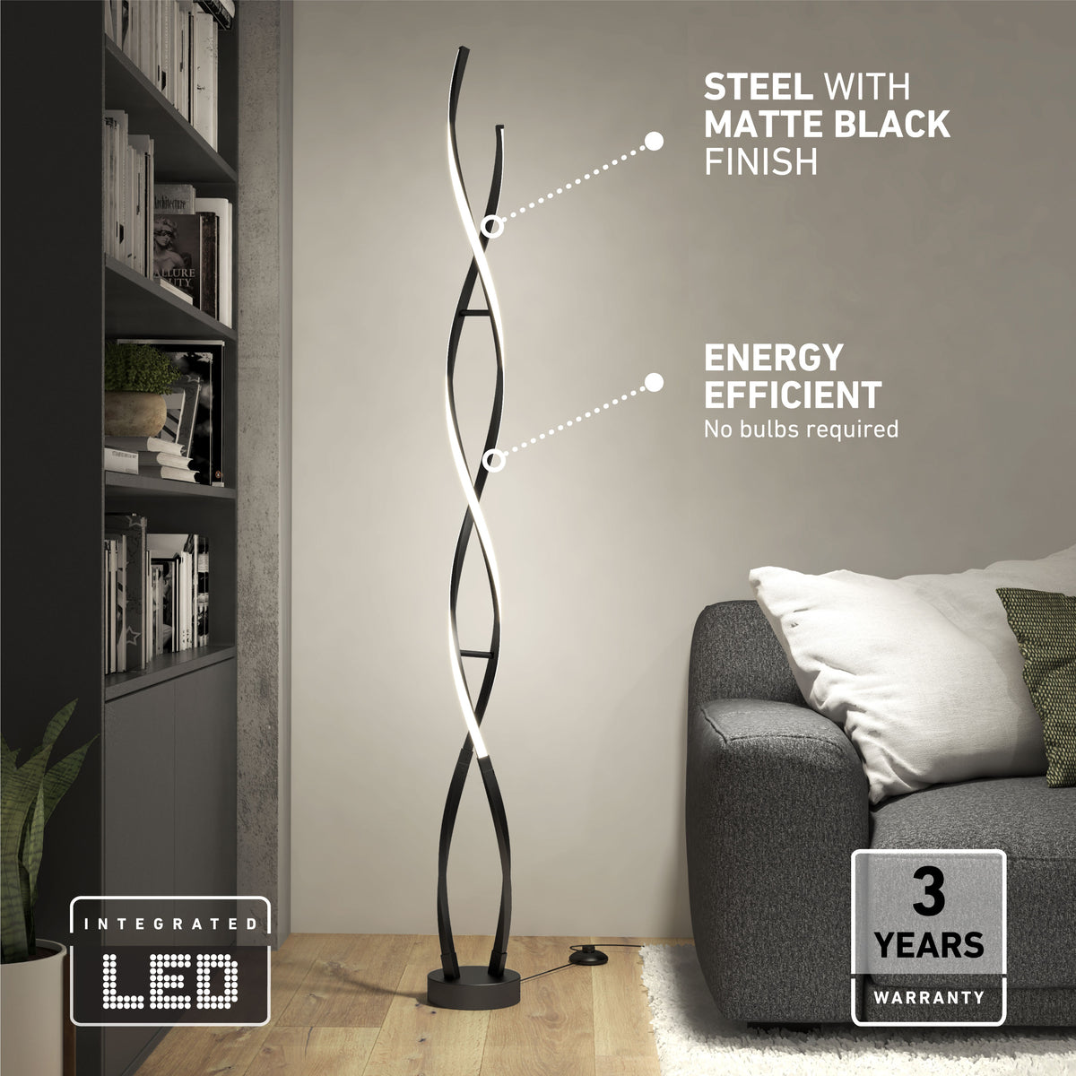 A modern floor lamp with intertwined black and white LED strips stands beside a gray sofa and bookshelf. Text highlights its matte black finish, energy efficiency, 3-year warranty, and integrated LED.