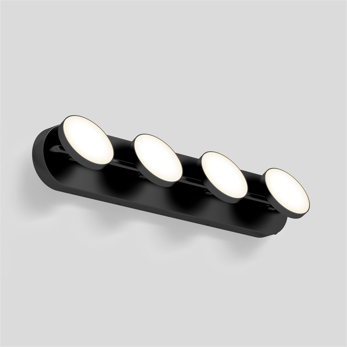 Artika Santori 27-in LED vanity light features four round white discs in a matte black, modern minimalist design for your bathroom.