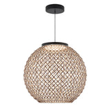 A spherical pendant light with a woven lattice-style shade in a natural color, suspended from a black circular ceiling mount by a black cord. The light is illuminated inside the shade.