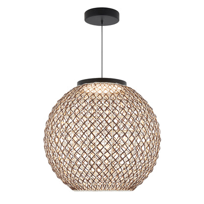 The Artika Benson LED pendant light 5 CCT features a spherical lattice-style rattan shade and hangs from a single black cord, casting a warm glow through its open weave.
