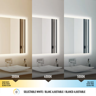 The Artika Mavis 48" x 36" Rectangular LED Mirror with Defogger displays adjustable lighting in three color temperatures—warm white (3000K), neutral white (4000K), and cool white (5000K)—with the mirror and sink unchanged.