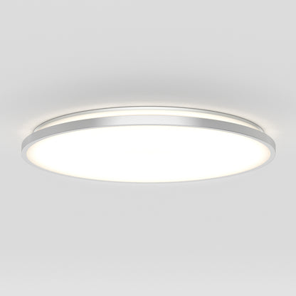 The Artika Europa 21 in. LED modern flush mount light features a sleek, white circular frame and mounts on the ceiling, emitting a bright, even glow. Includes remote control for convenience.