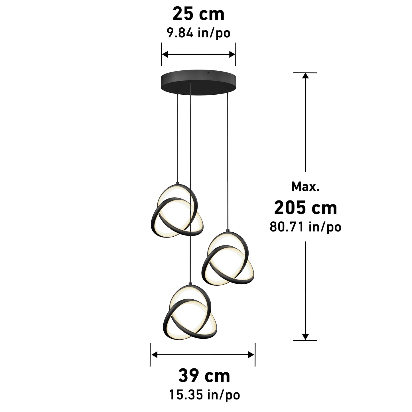 The Artika Zephyr 3-light LED pendant features interlocking ring designs hanging from a round black mount. It measures 25 cm (9.8 in) wide, has a 39 cm (15.4 in) spread, and is adjustable up to 205 cm (80.7 in) long.