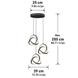 Modern black ceiling light fixture with three interlocking ring-shaped pendants. Dimensions: 25 cm wide ceiling plate, pendant drop up to 205 cm, and overall width 39 cm. Measurements shown in cm and inches.
