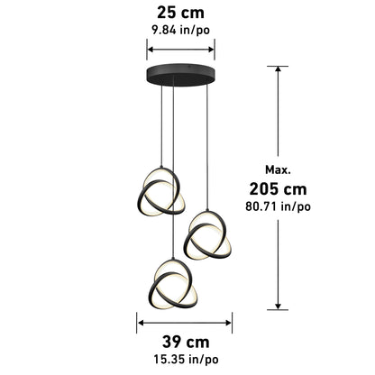 The Artika Zephyr 3-light LED pendant features interlocking ring designs hanging from a round black mount. It measures 25 cm (9.8 in) wide, has a 39 cm (15.4 in) spread, and is adjustable up to 205 cm (80.7 in) long.