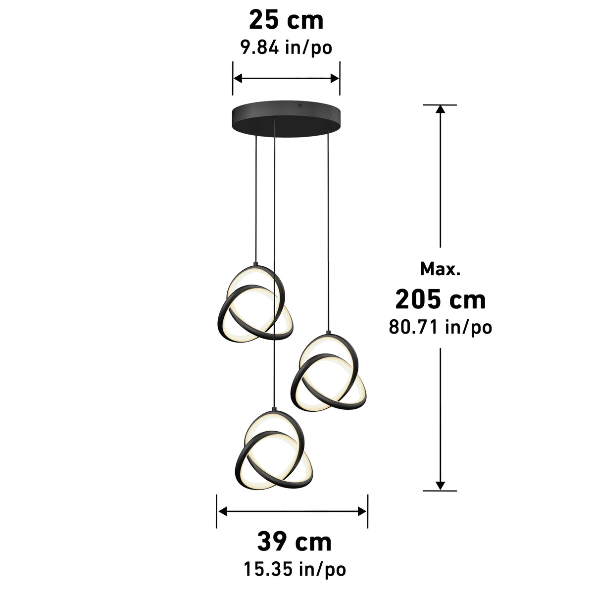 The Artika Zephyr 3-light LED pendant features three ring pendants with integrated LEDs suspended from a round black base. Dimensions: 25 cm wide, 39 cm long, and an adjustable height up to 205 cm.