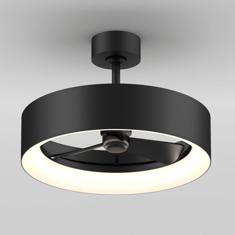 The Artika Aiden 24 in. LED modern ceiling fan features three blades within a circular light ring, offering a sleek, minimalist look. It has 3 speeds and comes with a remote, shown here mounted on a white ceiling.