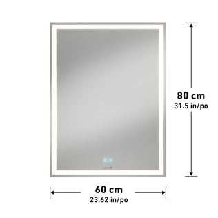 Artika Aurea 24x31 in. (61x79 cm) anti-fog LED bathroom mirror with touch controls, pictured with measurement arrows.