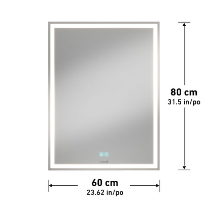 Artika Aurea 24x31 in. (61x79 cm) anti-fog LED bathroom mirror with touch controls, pictured with measurement arrows.