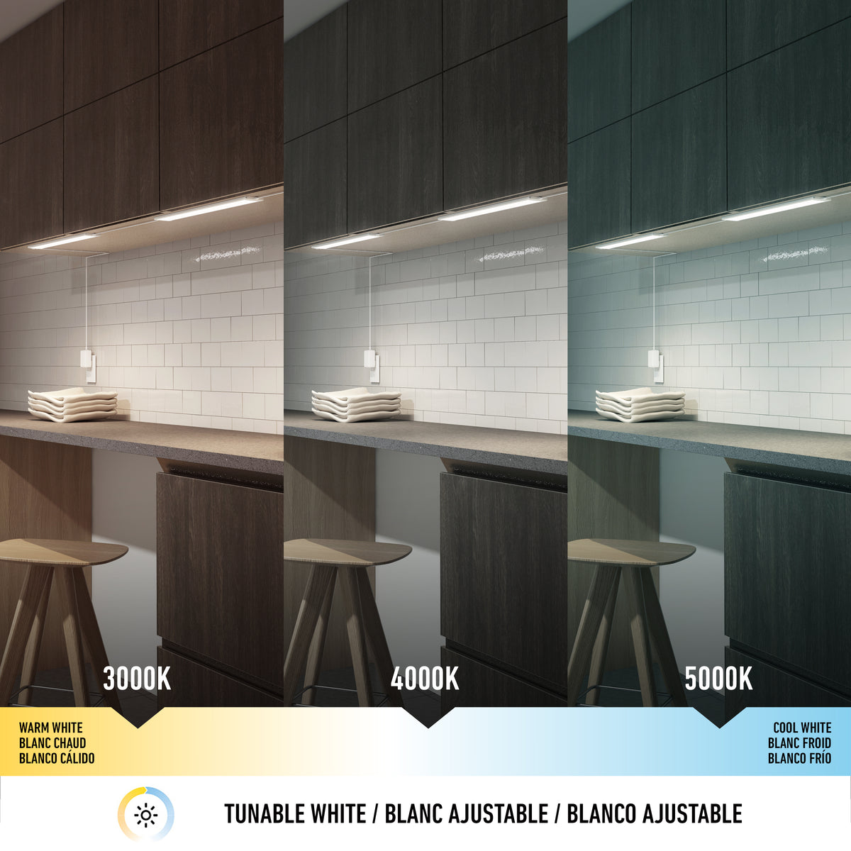 A kitchen with under-cabinet lighting is shown in three panels, each displaying different light temperatures: warm white (3000K), neutral white (4000K), and cool white (5000K) on white subway tiles and dark cabinets.