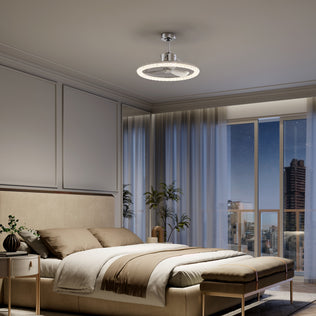 Modern bedroom with beige decor, large bed, floor-to-ceiling windows, and Artika Carat 23" LED Ceiling Fan with remote.