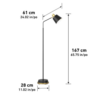 The Artika Alton LED modern floor lamp features a black finish with gold accents and a round 28 cm base. It stands 167 cm tall, with a 61 cm distance from the pole to the lamp head.