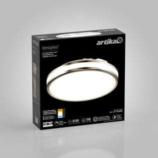 A black box showcases Artika’s Hemisphere 15 in. Modern LED Ceiling Light with adjustable brightness and features displayed.