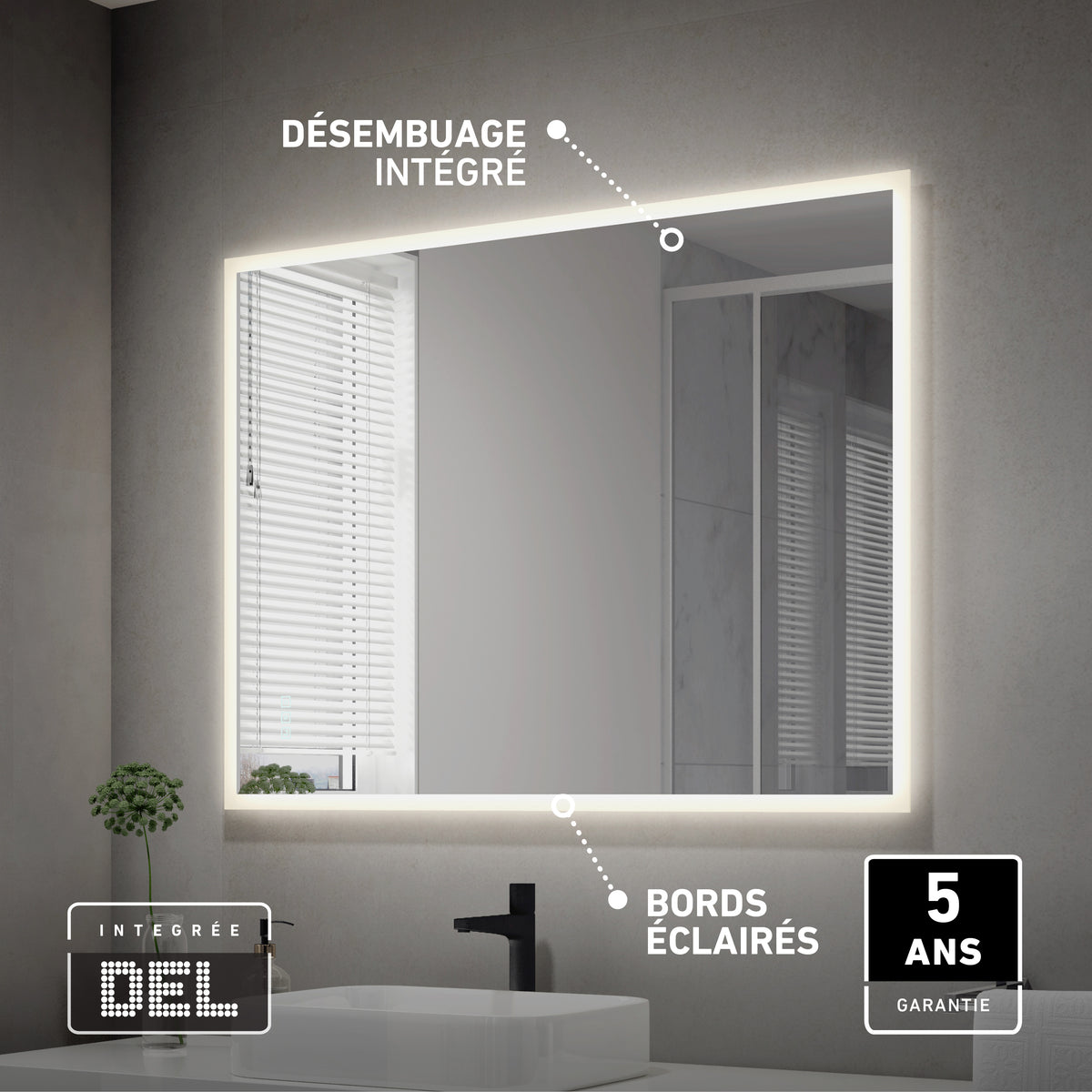 A modern bathroom features the Artika Mavis 48" x 36" Rectangular LED Mirror (3CCT) with defogger above a white sink and black faucet. French labels note anti-fog, illuminated edges, and a 5-year warranty.