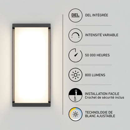 Artika Faro modern LED indoor-outdoor wall light 3 CCT: rectangular, dimmable, 800 lumens, 50,000-hour lifespan, and adjustable white color.