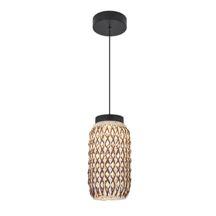 The Artika Benson Mini LED pendant light 5 CCT features a cylindrical woven rattan shade, black ceiling mount and cord, with an open lattice design and adjustable color temperature to set the perfect ambiance in any space.