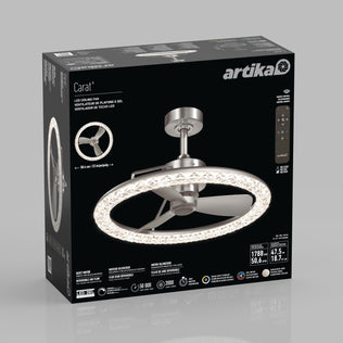 Artika Carat 23" LED Modern Ceiling Fan box showcases a gemstone-cut diffuser, remote, and details on a sleek gray background.