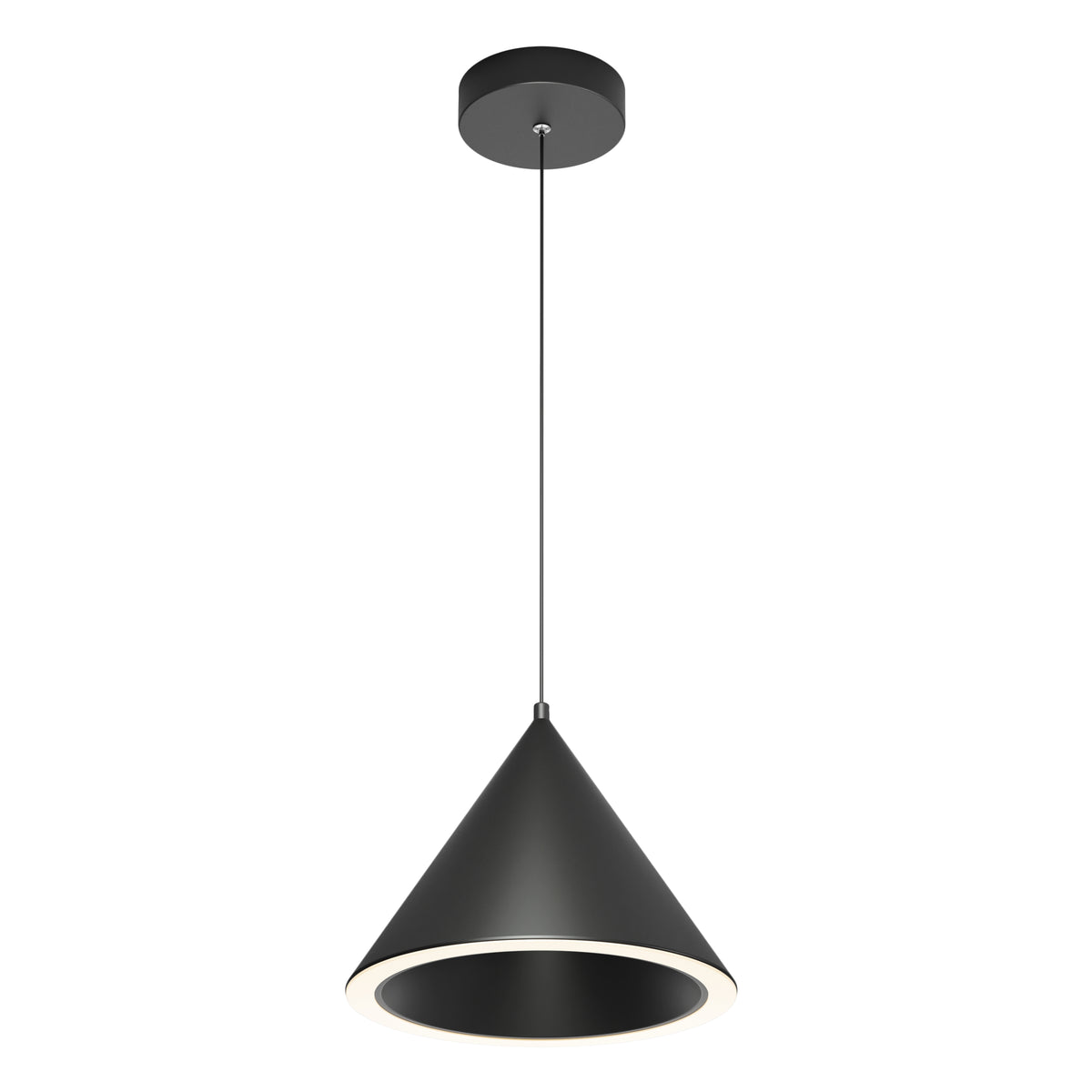 Modern black pendant light with a conical shade, suspended from a thin cord attached to a round ceiling mount. The shade has an open bottom with a glowing inner edge.