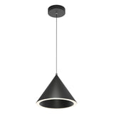 Modern black pendant light with a conical shade, suspended from a thin cord attached to a round ceiling mount. The shade has an open bottom with a glowing inner edge.