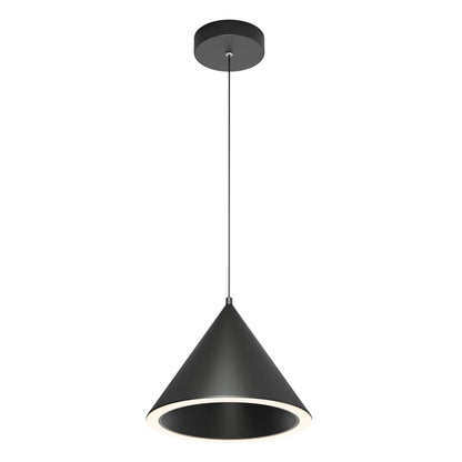 The Artika Denali modern LED pendant light 3 CCT features a sleek black conical shade, suspended by a thin black cord and emitting soft circular white light from its inner edge.