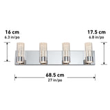 A four-light wall fixture with cylindrical glass shades, mounted on a rectangular metal base. Dimensions marked: 16 cm tall, 17.5 cm depth, and 68.5 cm wide (6.3 x 6.8 x 27).