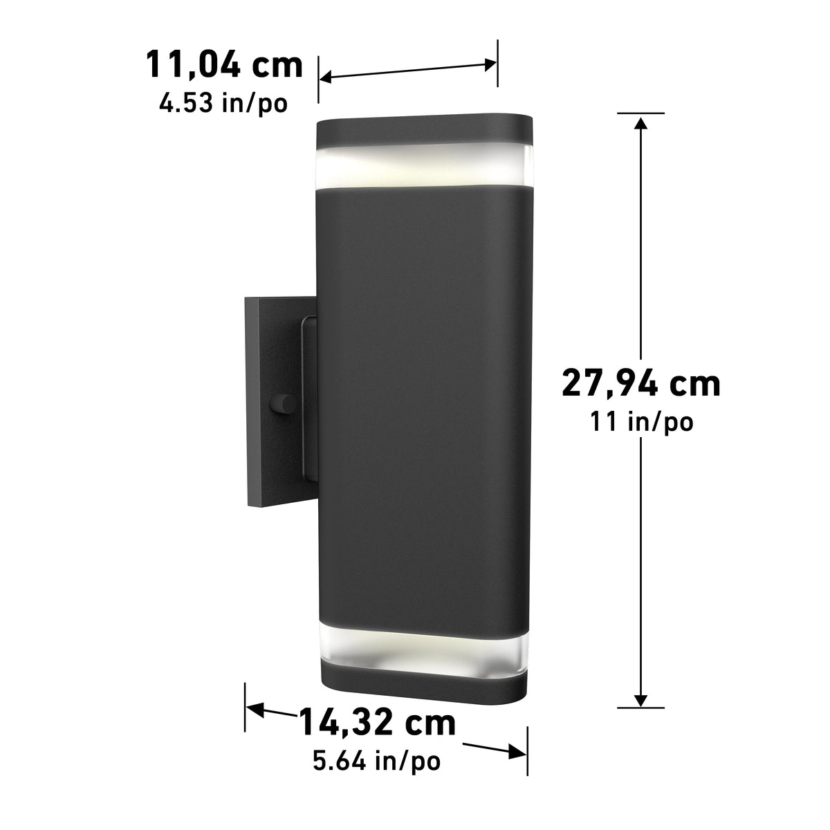 Black rectangular wall light fixture with white frosted ends, mounted on a square backplate. Dimensions shown: 11.04 cm wide, 27.94 cm tall, and 14.32 cm deep (4.53 x 11 x 5.64 inches).