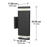 Black rectangular wall light fixture with white frosted ends, mounted on a square backplate. Dimensions shown: 11.04 cm wide, 27.94 cm tall, and 14.32 cm deep (4.53 x 11 x 5.64 inches).