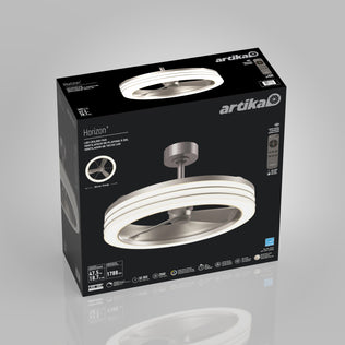 Box of the Artika Horizon 23 in. LED modern ceiling fan, with 3 speeds and remote, displays the product image, specs, and features on a black background with silver and white accents. The fan features a sleek ring design.