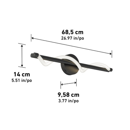 Artika Neon modern LED bathroom vanity light 5 CCT, a black wall-mounted fixture with twisted white tube design, measures 68.5 cm wide, 14 cm high, and 9.58 cm deep. Dimensions shown with arrows.