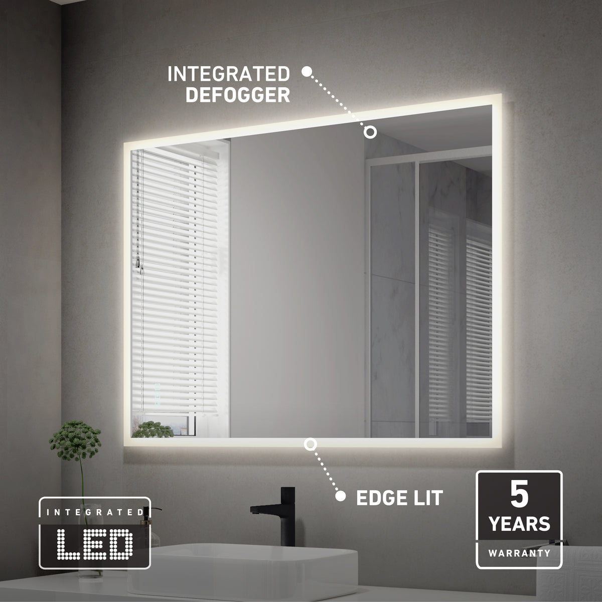 The Artika Mavis 48" x 36" Rectangular LED Mirror features edge-lit 3CCT lighting, an integrated defogger, and comes with a 5-year warranty. A sink and faucet appear below the mirror. Icons highlight integrated LED and warranty features.